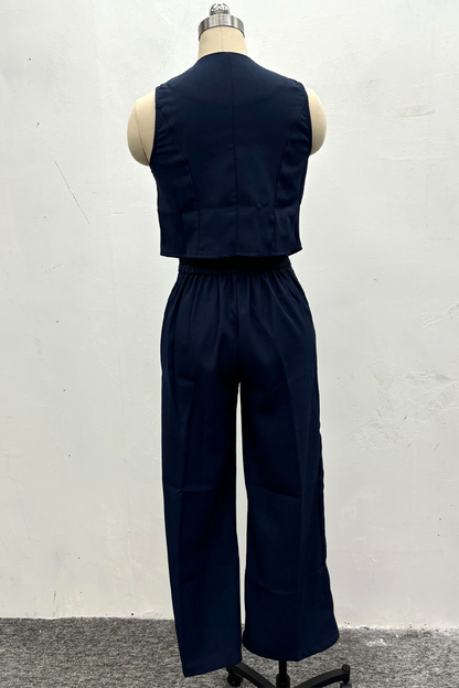 Conjunto informal de dos piezas con cuello en V, sin mangas, botones y color liso (4 colores)