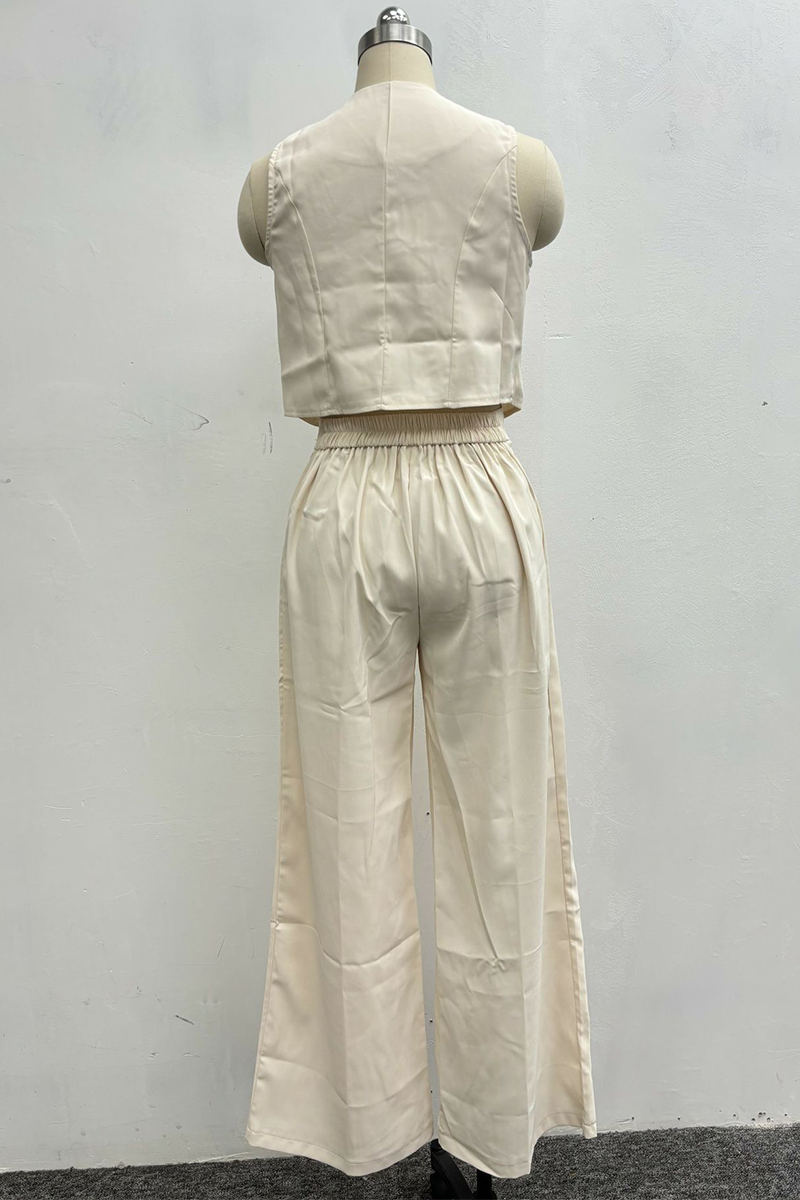Conjunto informal de dos piezas con cuello en V, sin mangas, botones y color liso (4 colores)