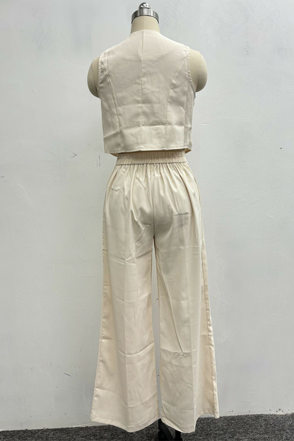Conjunto informal de dos piezas con cuello en V, sin mangas, botones y color liso (4 colores)