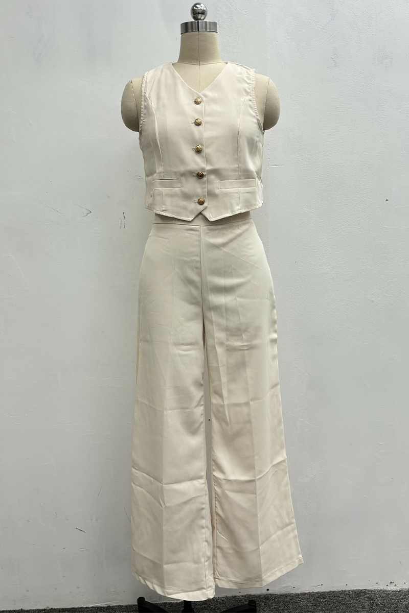 Conjunto informal de dos piezas con cuello en V, sin mangas, botones y color liso (4 colores)
