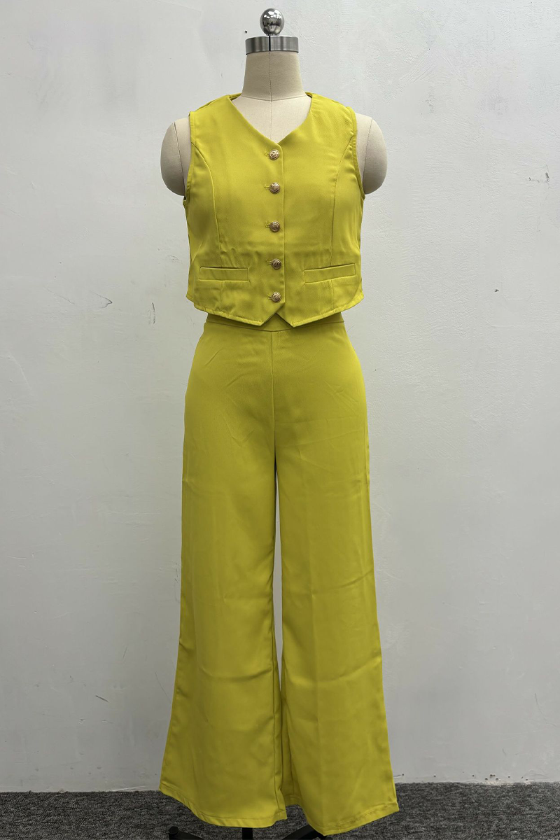 Conjunto informal de dos piezas con cuello en V, sin mangas, botones y color liso (4 colores)