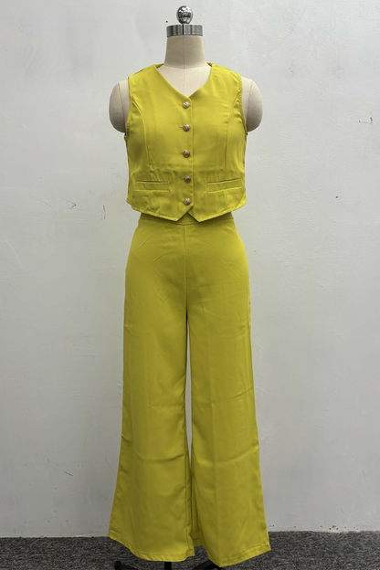Conjunto informal de dos piezas con cuello en V, sin mangas, botones y color liso (4 colores)