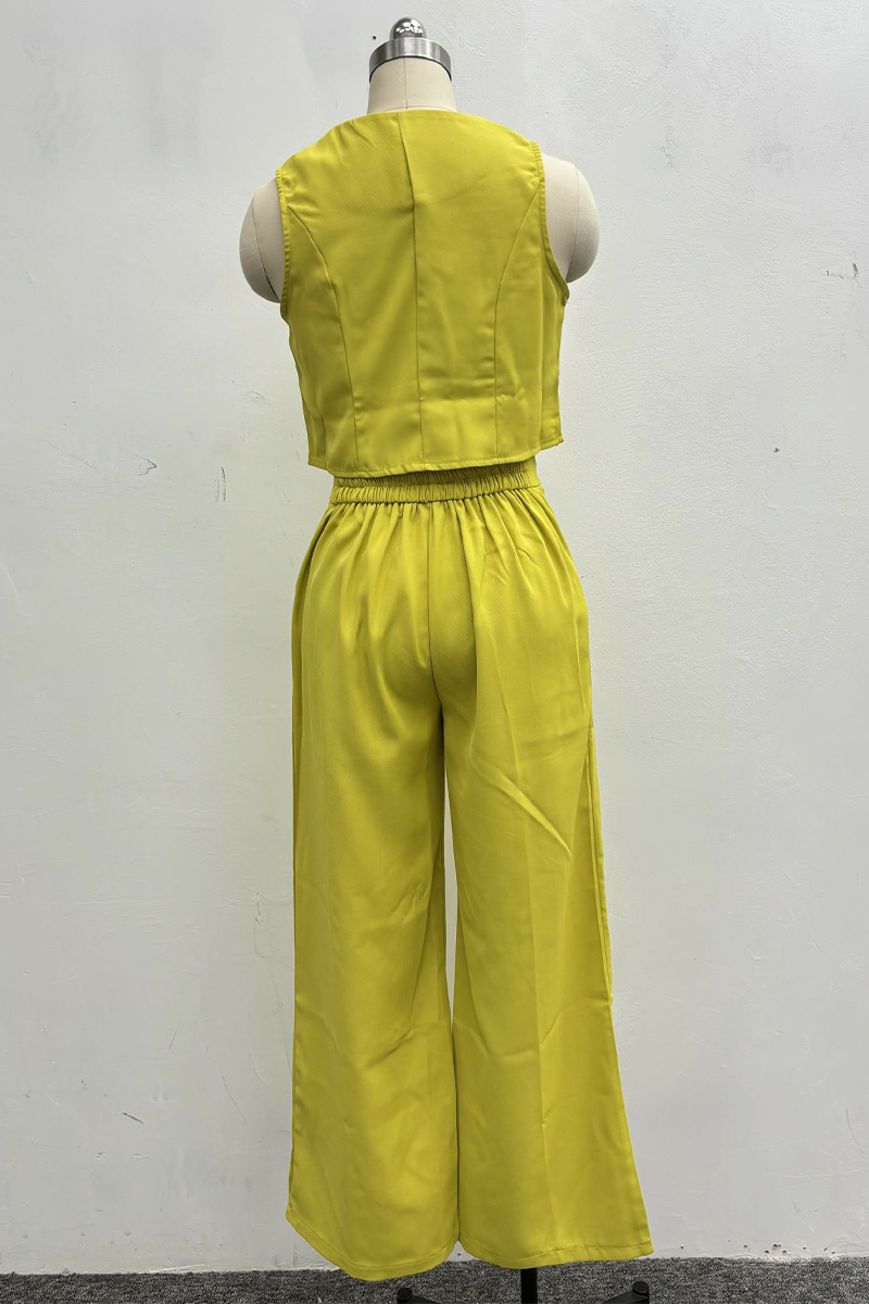 Conjunto informal de dos piezas con cuello en V, sin mangas, botones y color liso (4 colores)