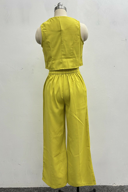 Conjunto informal de dos piezas con cuello en V, sin mangas, botones y color liso (4 colores)
