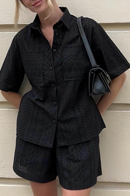 Conjunto informal de dos piezas con cuello vuelto, manga corta, color sólido, encaje, bolsillo y bolsillos