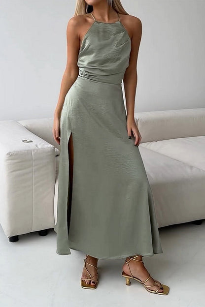 Vestidos sexis sin mangas con cuello halter, espalda descubierta y tirantes finos en color liso