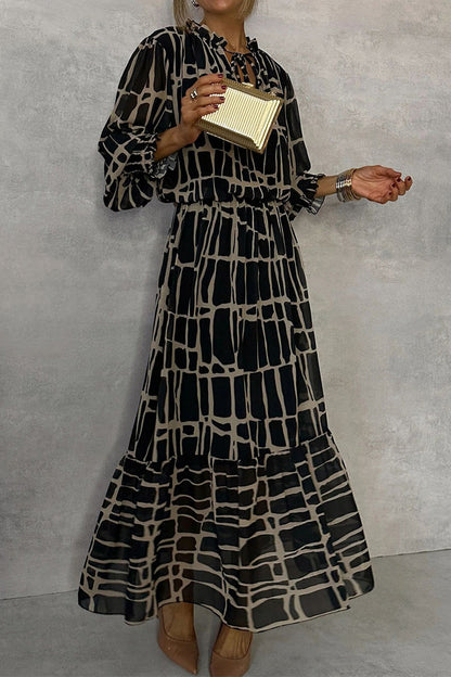 Elegante vestido de corte A con cuello redondo, encaje y estampado geométrico