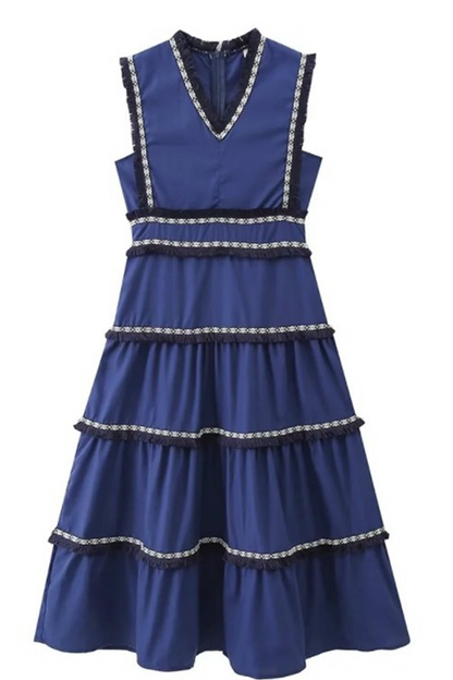 Elegante vestido de color liso con flecos y cuello en V sin mangas