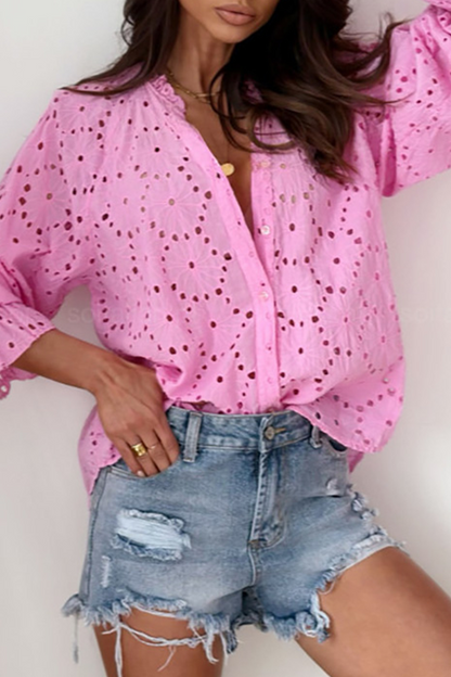 Blusas casuales de color sólido con cuello en V calado