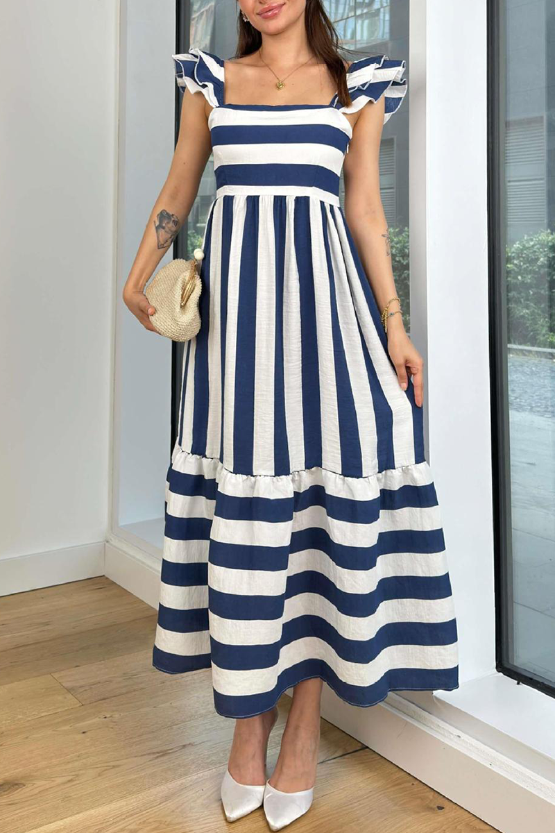 Elegante vestido de corte A con escote cuadrado y estampado de rayas en contraste