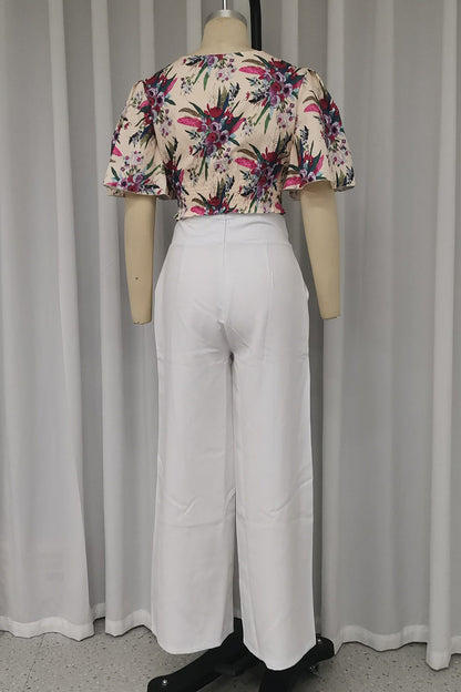 Elegant Floral Print Pocket O Neck Short Sleeve Two Pieces