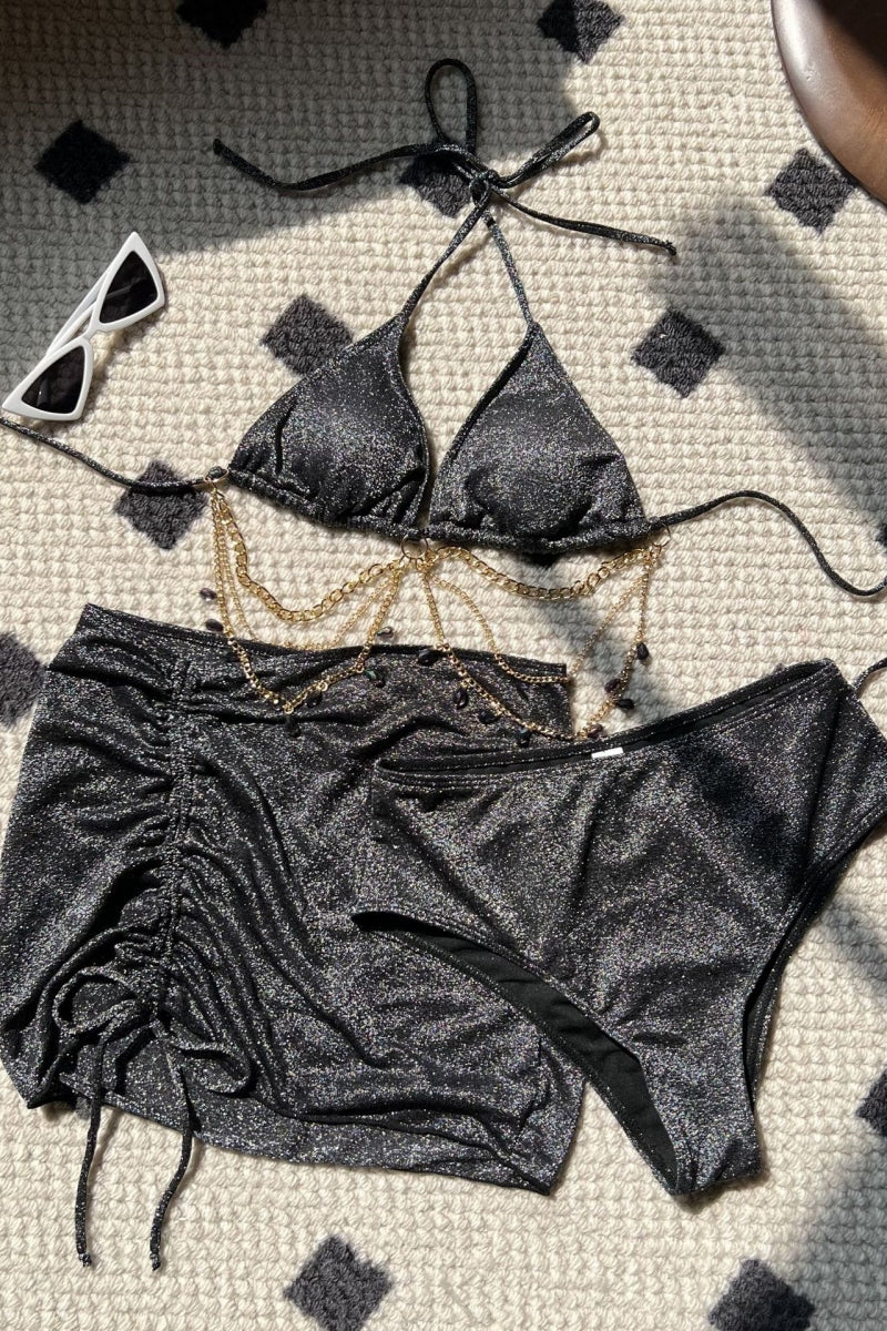 Traje de baño sexy de tres piezas con estampado de cadenas y espalda descubierta, con cinturón y relleno (3 colores)