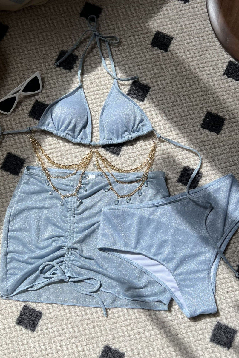 Traje de baño sexy de tres piezas con estampado de cadenas y espalda descubierta, con cinturón y relleno (3 colores)