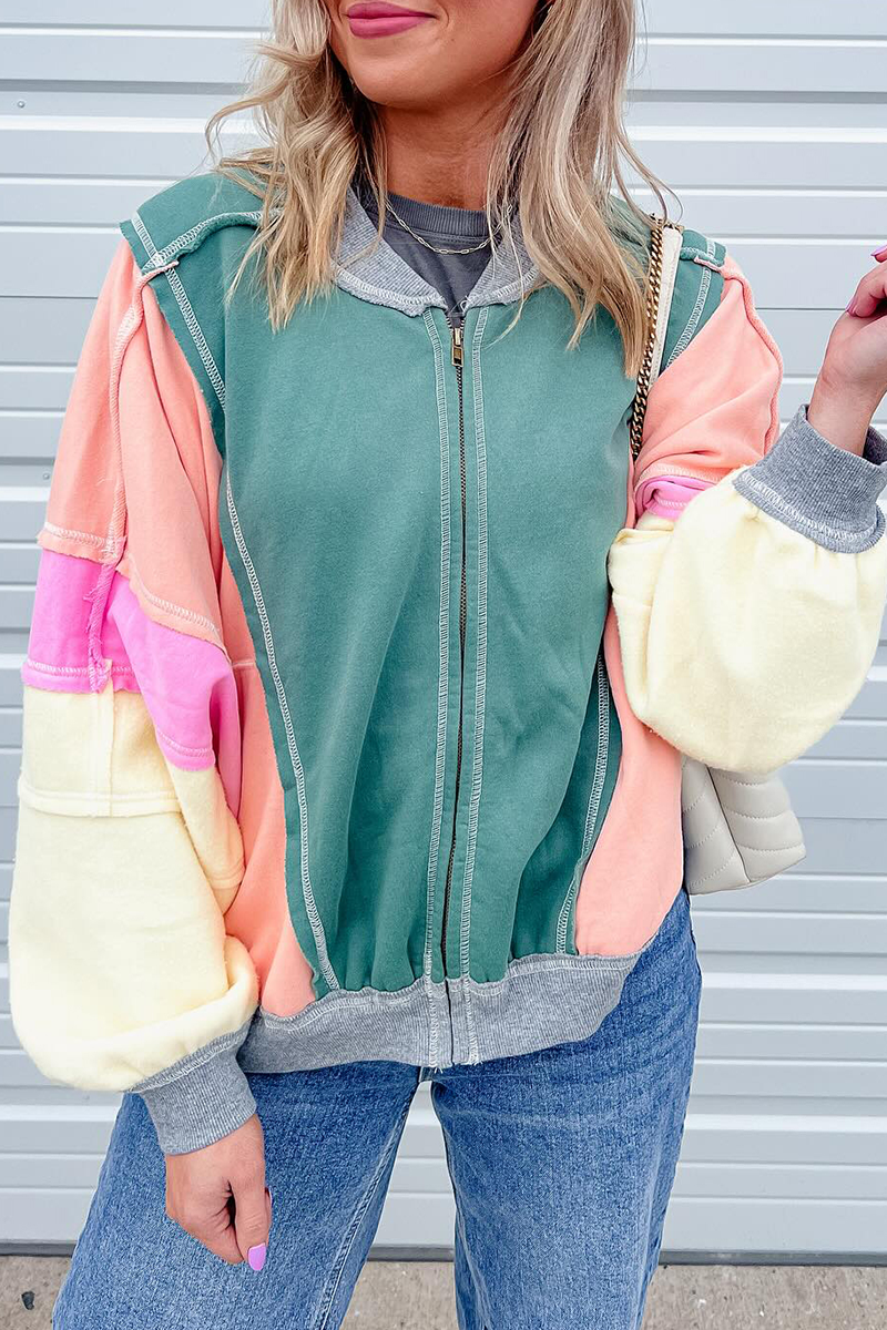 Prendas de abrigo informales con cuello redondo, diseño de patchwork desgastado y bloques de color