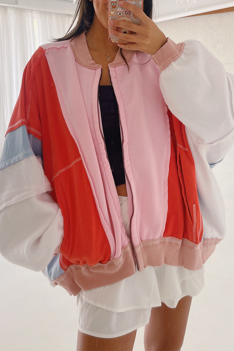 Prendas de abrigo informales con cuello redondo, diseño de patchwork desgastado y bloques de color
