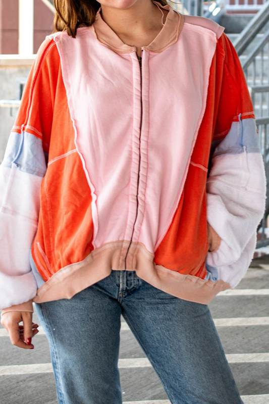 Prendas de abrigo informales con cuello redondo, diseño de patchwork desgastado y bloques de color