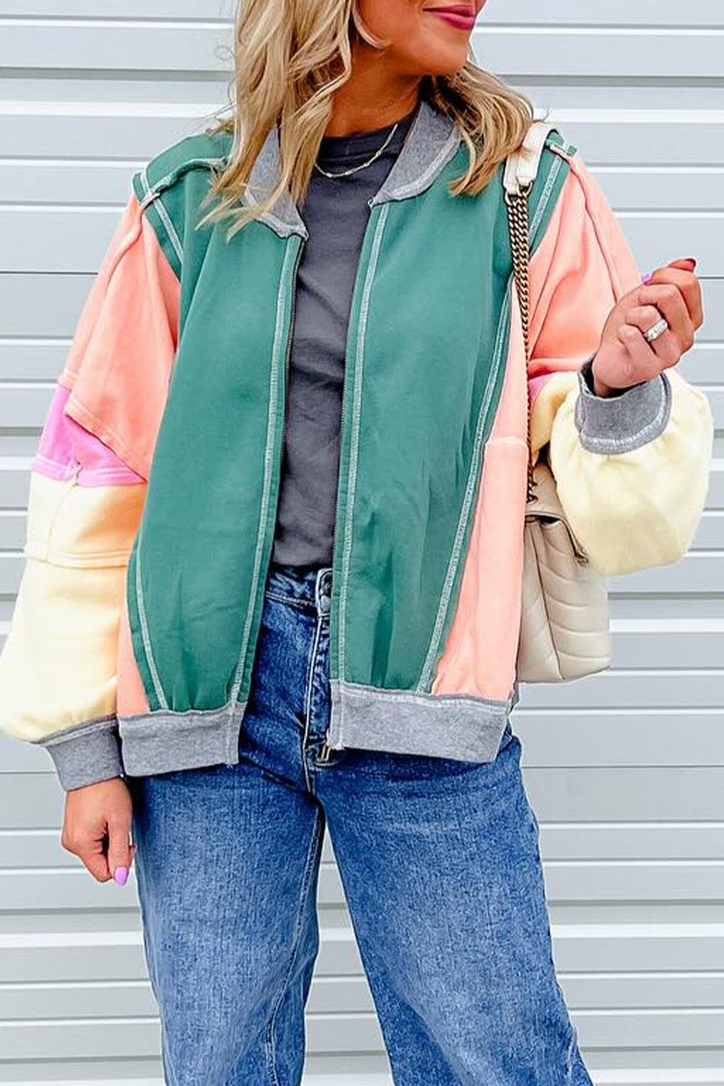 Prendas de abrigo informales con cuello redondo, diseño de patchwork desgastado y bloques de color