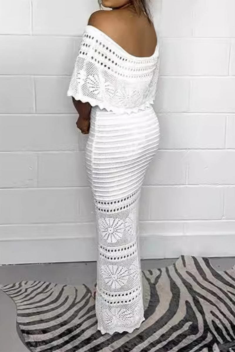 Vestido sexy de un solo paso con falda de tejido calado y hombros descubiertos de color sólido