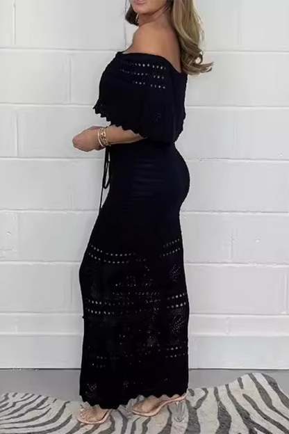 Vestido sexy de un solo paso con falda de tejido calado y hombros descubiertos de color sólido