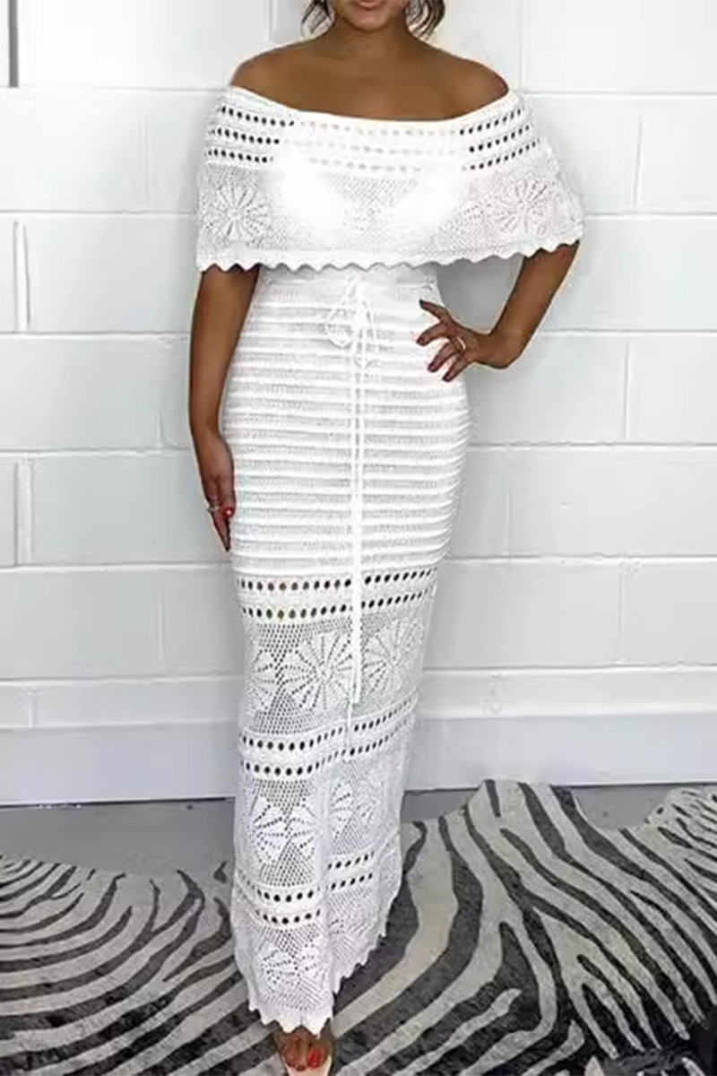 Vestido sexy de un solo paso con falda de tejido calado y hombros descubiertos de color sólido