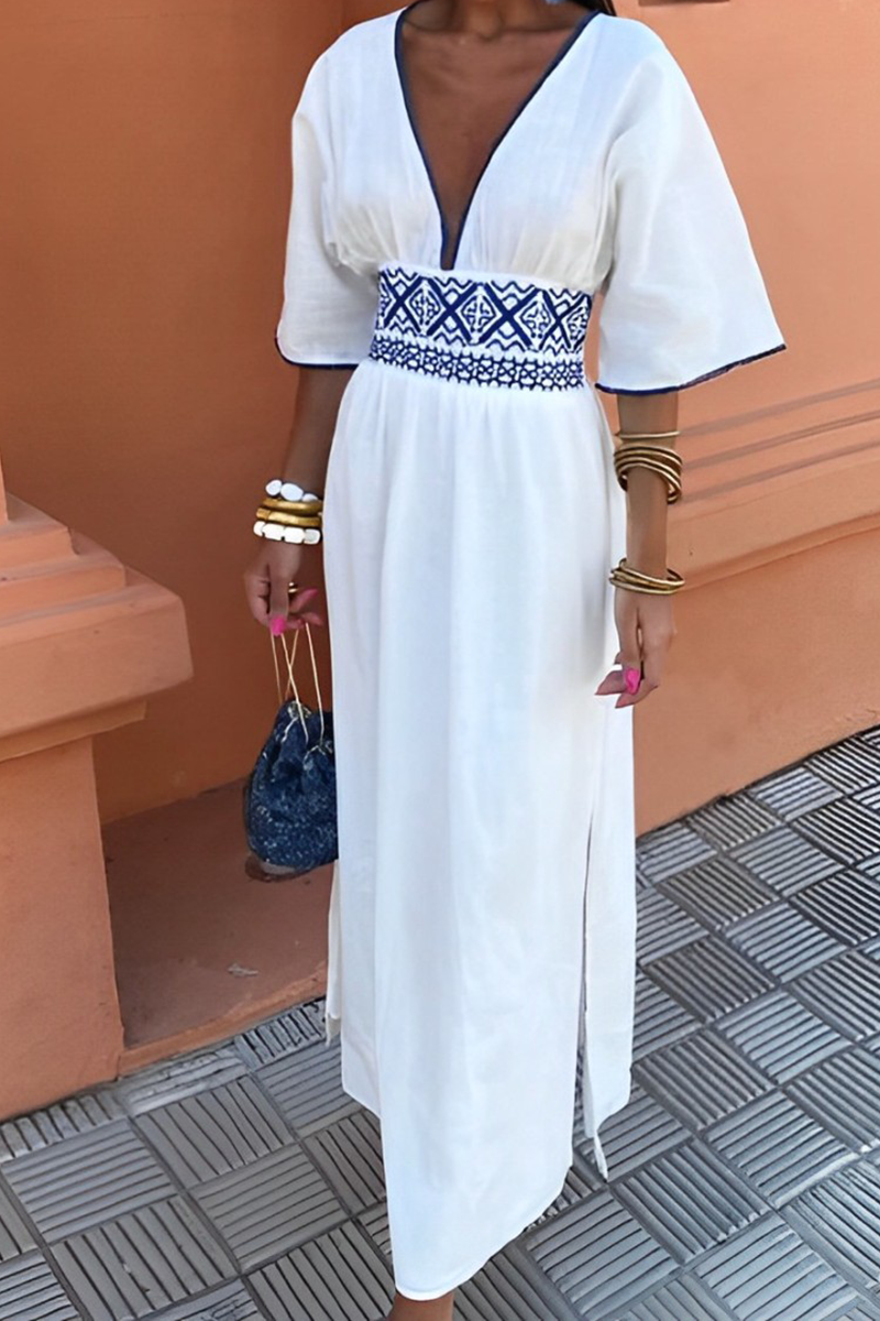 Elegante vestido de corte A con escote en V y estampado geométrico