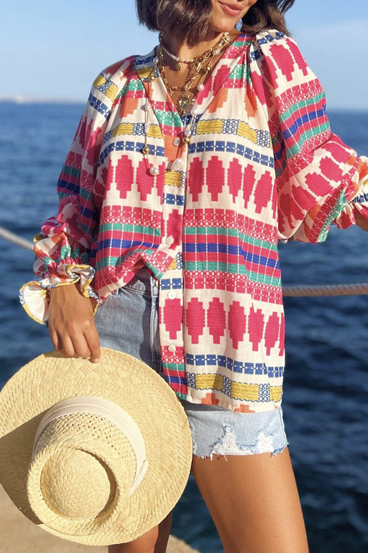 Blusas casuales de vacaciones con estampado geométrico, botones y cuello en V