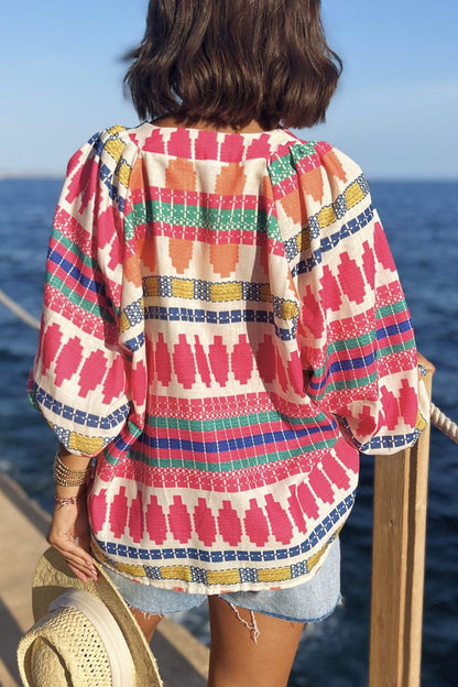Blusas casuales de vacaciones con estampado geométrico, botones y cuello en V