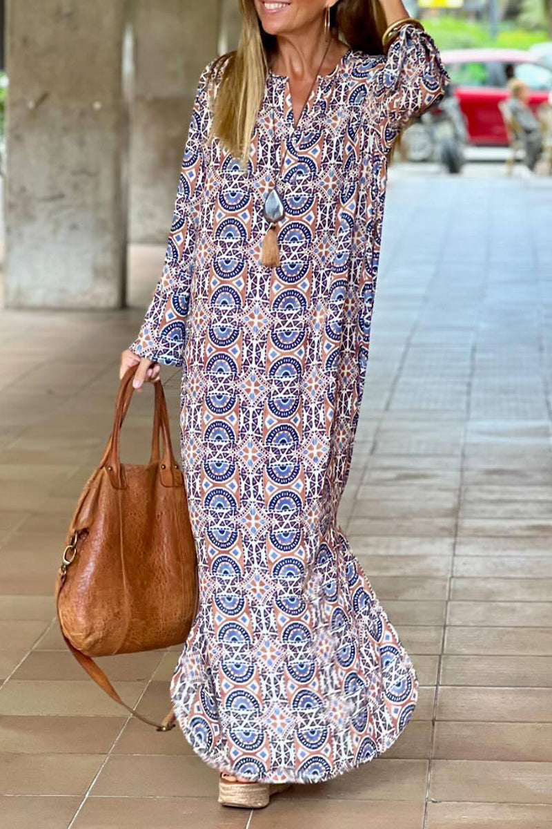 Vestido casual con cuello en V y estampado geométrico de patchwork