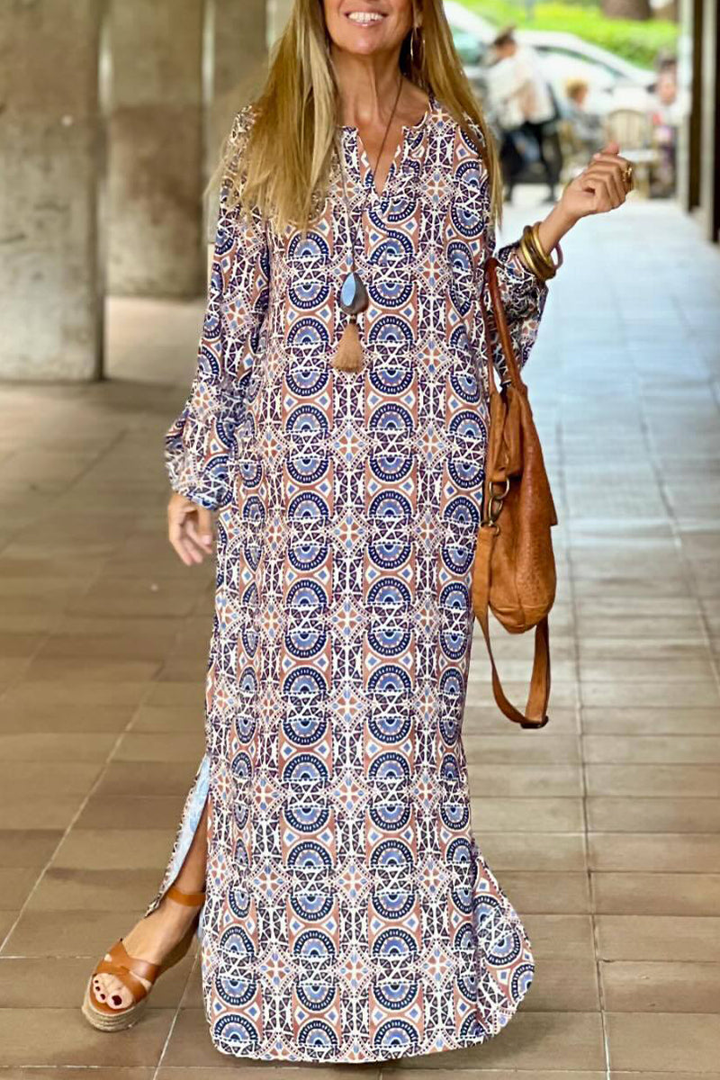 Vestido casual con cuello en V y estampado geométrico de patchwork