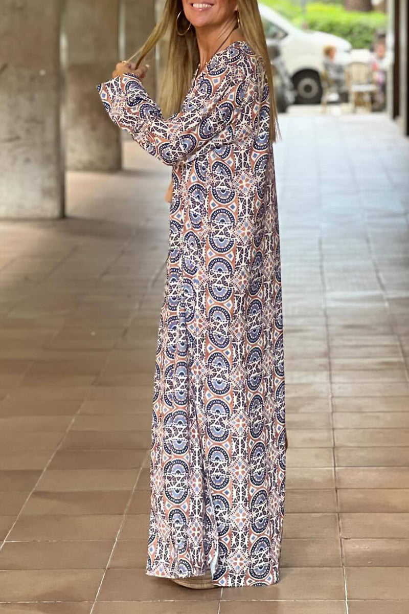 Vestido casual con cuello en V y estampado geométrico de patchwork