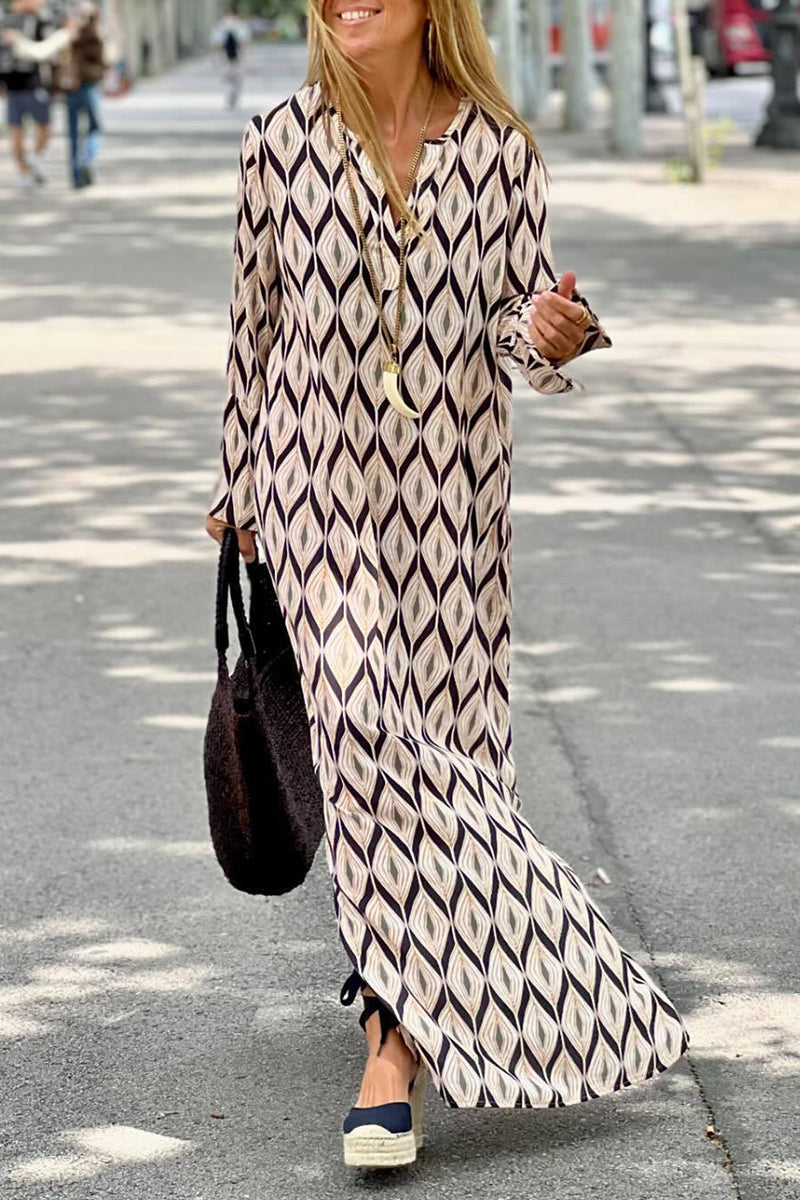 Vestido casual con cuello en V y estampado geométrico de patchwork
