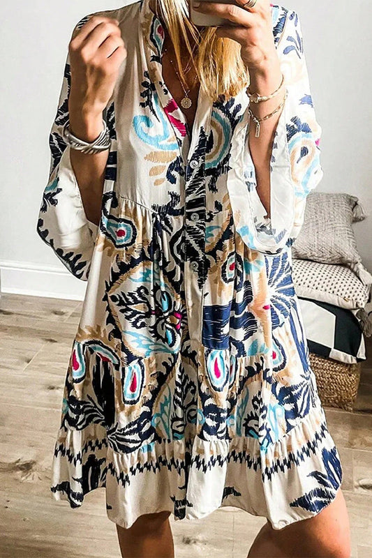 Vestidos casuales de diario con estampado de tótem nacional, patchwork, volantes, cuello en V, corte A
