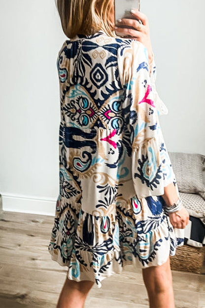 Vestidos casuales de diario con estampado de tótem nacional, patchwork, volantes, cuello en V, corte A