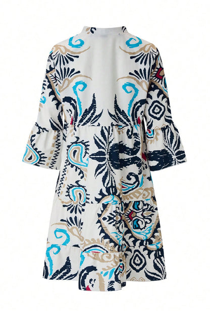Vestidos casuales de diario con estampado de tótem nacional, patchwork, volantes, cuello en V, corte A