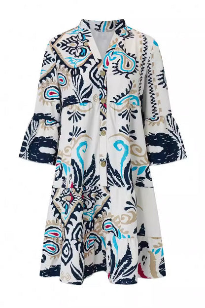 Vestidos casuales de diario con estampado de tótem nacional, patchwork, volantes, cuello en V, corte A