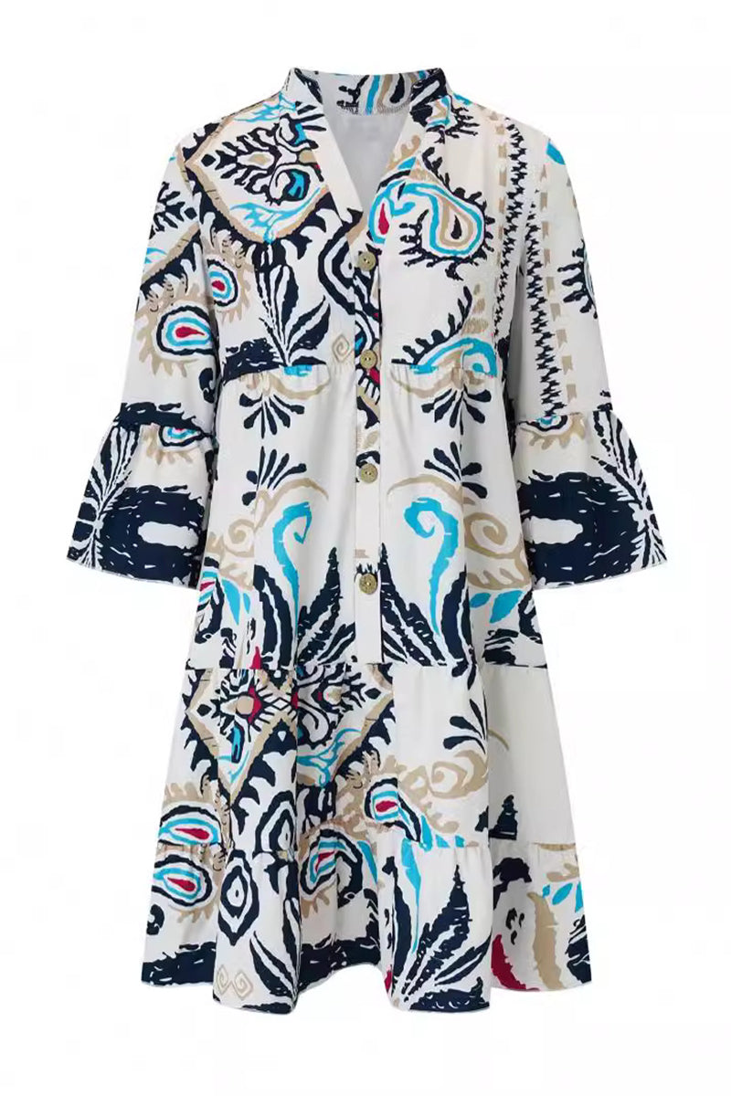 Vestidos casuales de diario con estampado de tótem nacional, patchwork, volantes, cuello en V, corte A