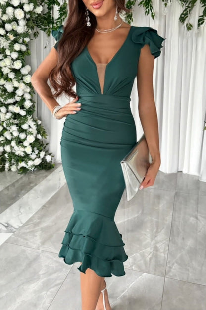 Vestidos casuales de falda cruzada con cuello en V y patchwork de color sólido