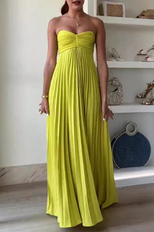 Vestidos sexis plisados sin tirantes de color sólido