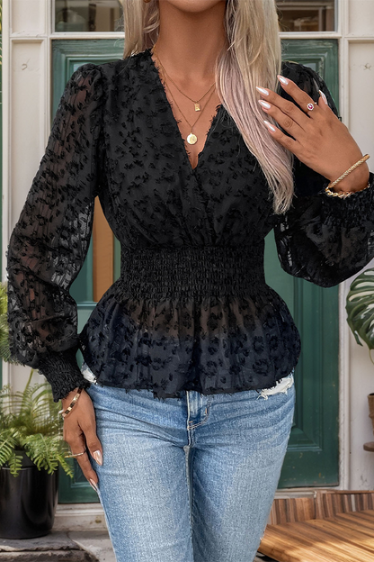 Blusas sexys de diario con escote en V y malla transparente de color sólido