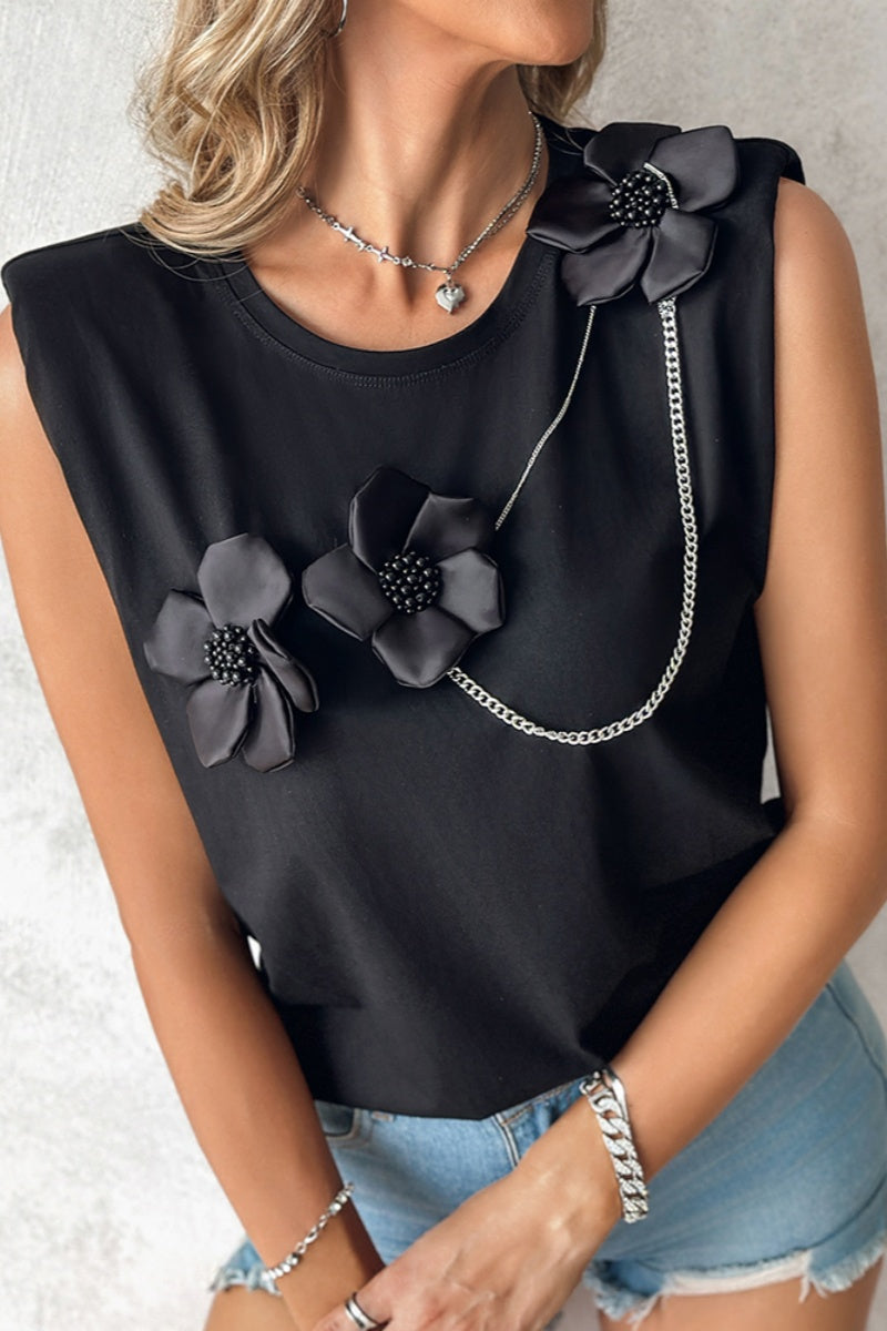 Tops casuales de cuello redondo con cadenas y retazos de flores de color sólido