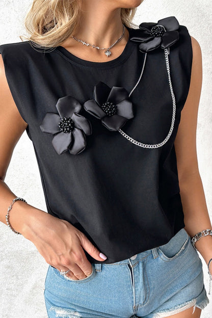Tops casuales de cuello redondo con cadenas y retazos de flores de color sólido