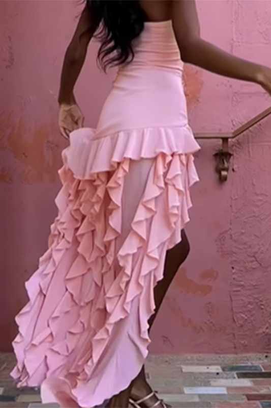 Vestidos sexis de color sólido con patchwork irregular con orillo de fibra, sin tirantes e irregulares