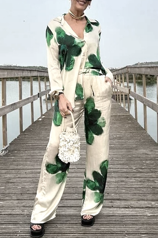 Conjunto de dos piezas informal con estampado de flores, bolsillo, cuello vuelto, manga larga