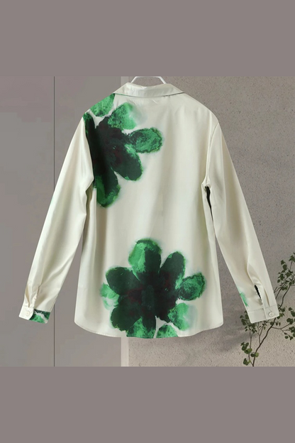 Conjunto de dos piezas informal con estampado de flores, bolsillo, cuello vuelto, manga larga