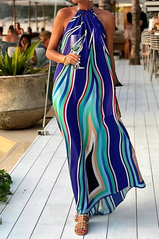 Vestidos elegantes de vacaciones con estampado de rayas, encaje, cuello halter y sin mangas