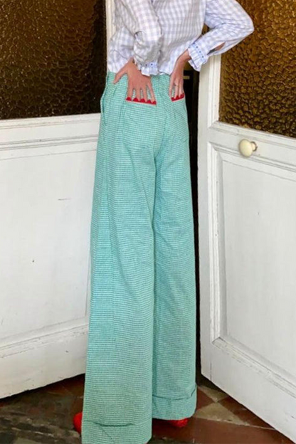 Pantalones casuales de diario con estampado completo, holgados, de cintura alta y rectos, con bolsillos y rayas a cuadros (4 colores)