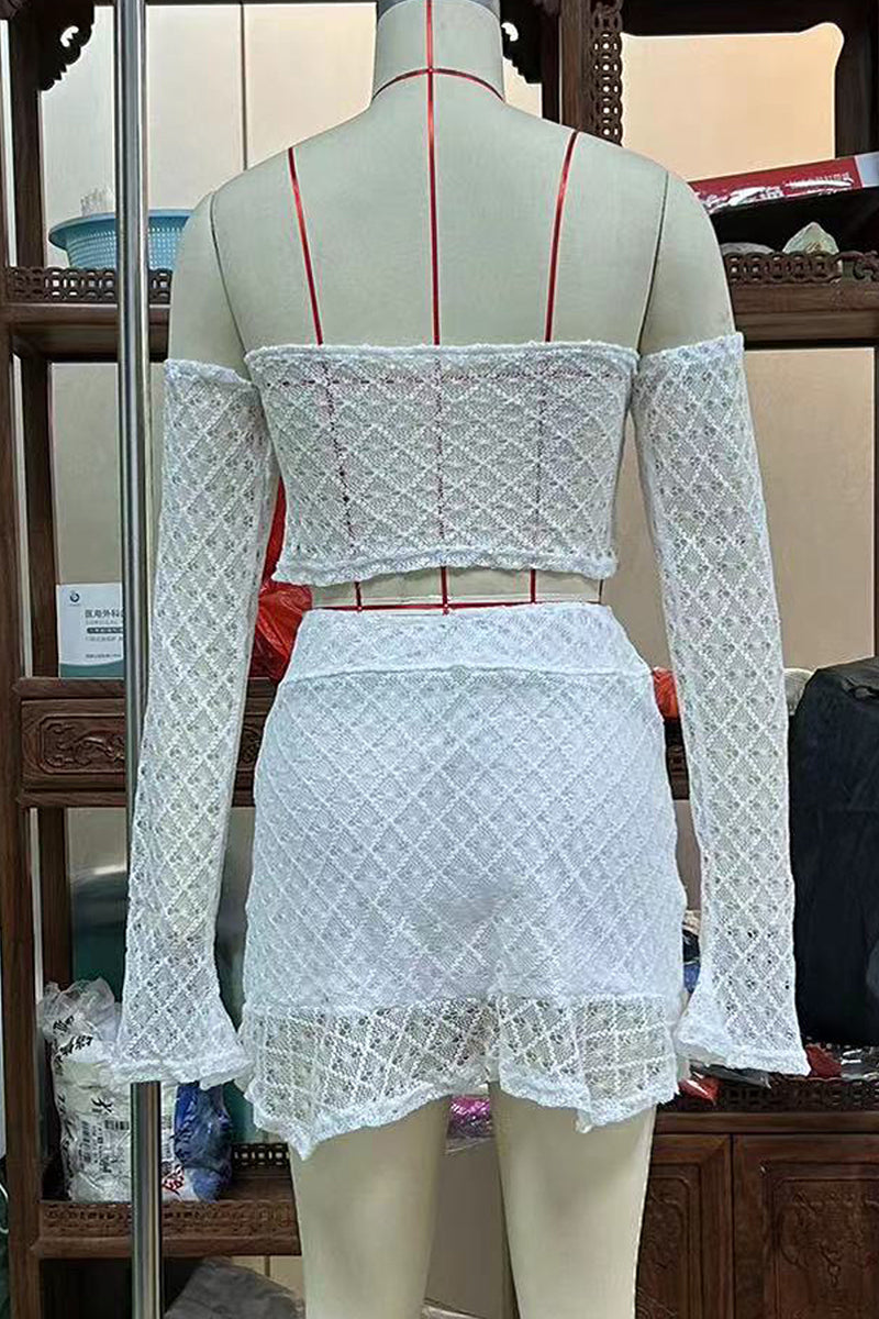 Conjunto de dos piezas de manga larga con hombros descubiertos, sexy, de color sólido, con encaje y cordones irregulares (3 colores)