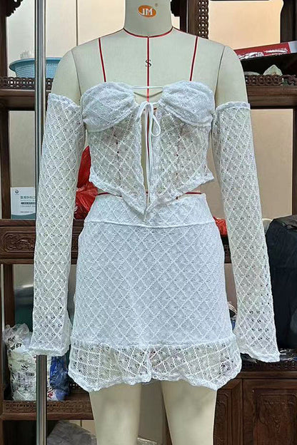 Conjunto de dos piezas de manga larga con hombros descubiertos, sexy, de color sólido, con encaje y cordones irregulares (3 colores)