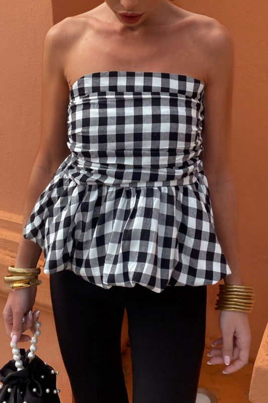 Tops sexys sin tirantes con fruncido en contraste a cuadros (3 colores)