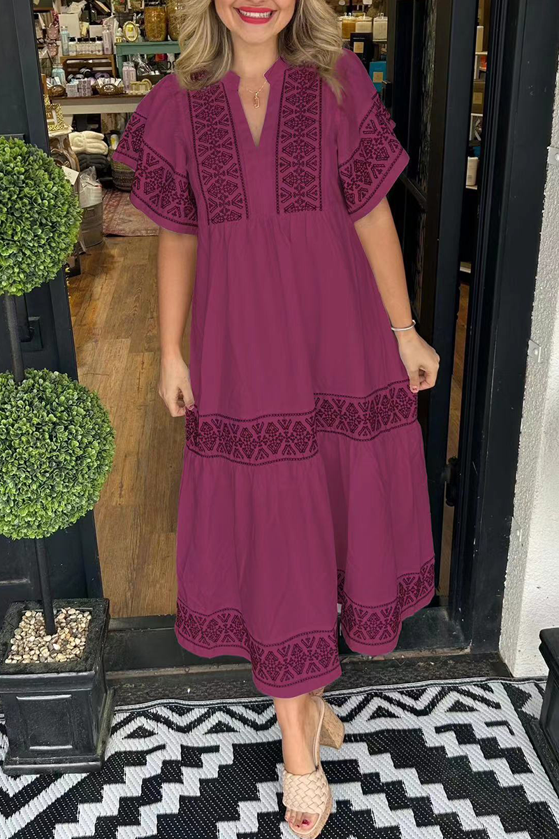 Vestido informal de manga corta con cuello en V y estampado geométrico de patchwork (7 colores)